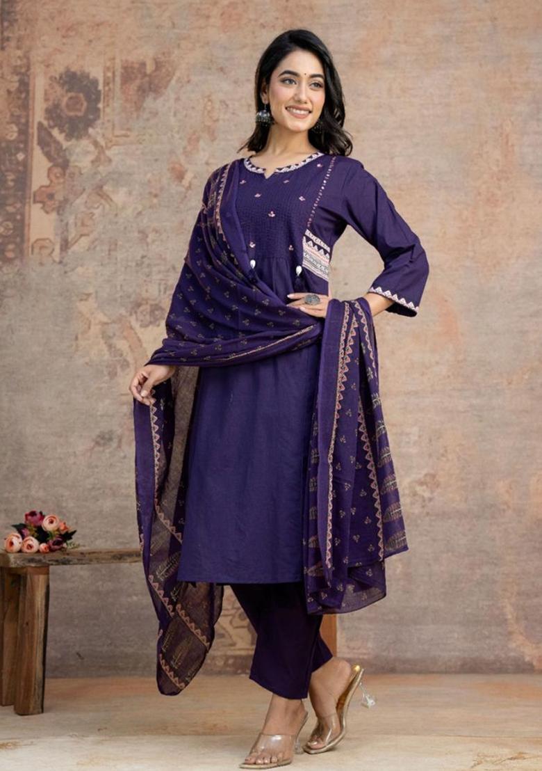 Purple Printed Cotton Kurta Set - Indya