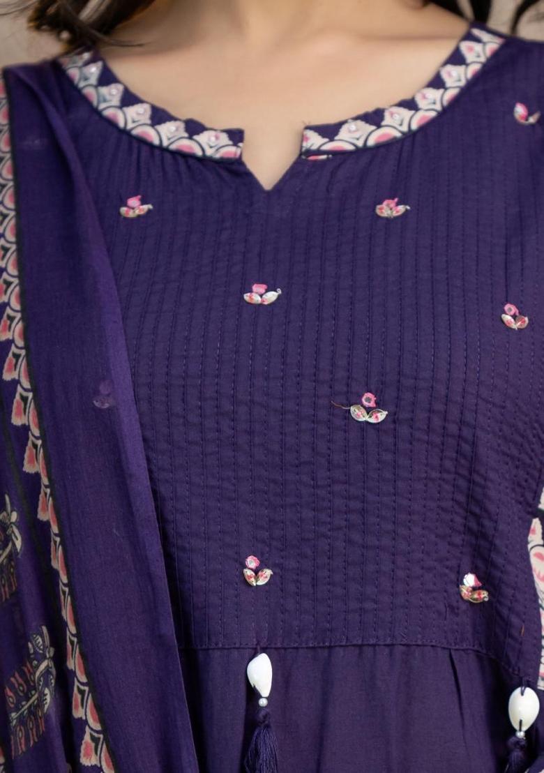 Purple Printed Cotton Kurta Set - Indya