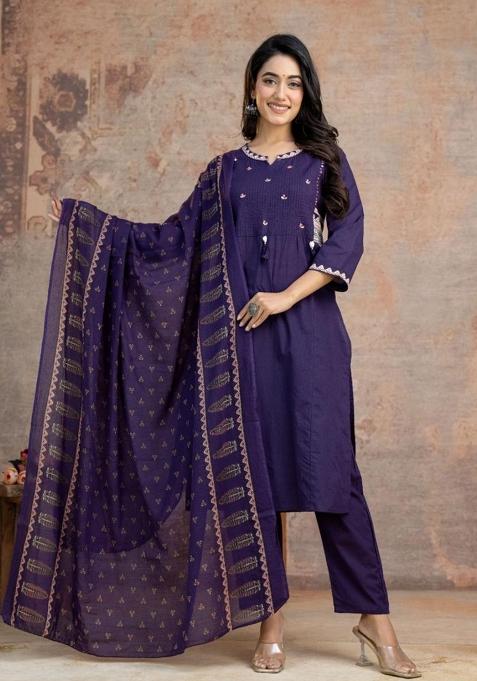 Purple Embroidered Cotton Kurta Set