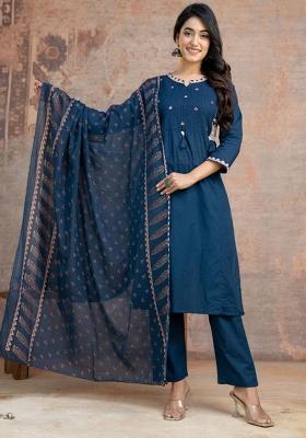Blue Printed Cotton Kurta Set
