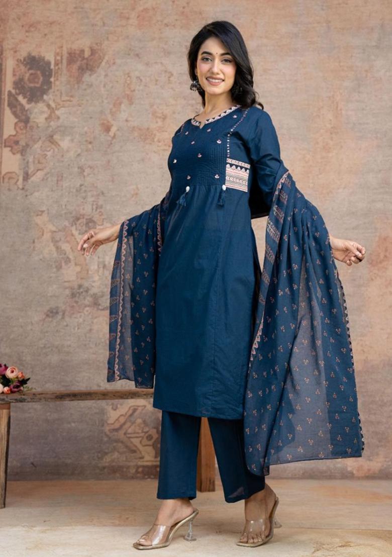 Blue Printed Cotton Kurta Set - Indya