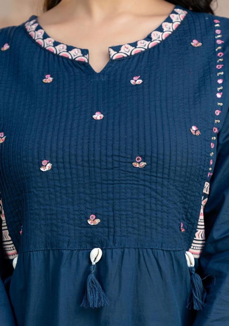 Blue Printed Cotton Kurta Set - Indya