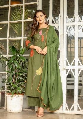 Green Embroidered Cotton Kurta Set