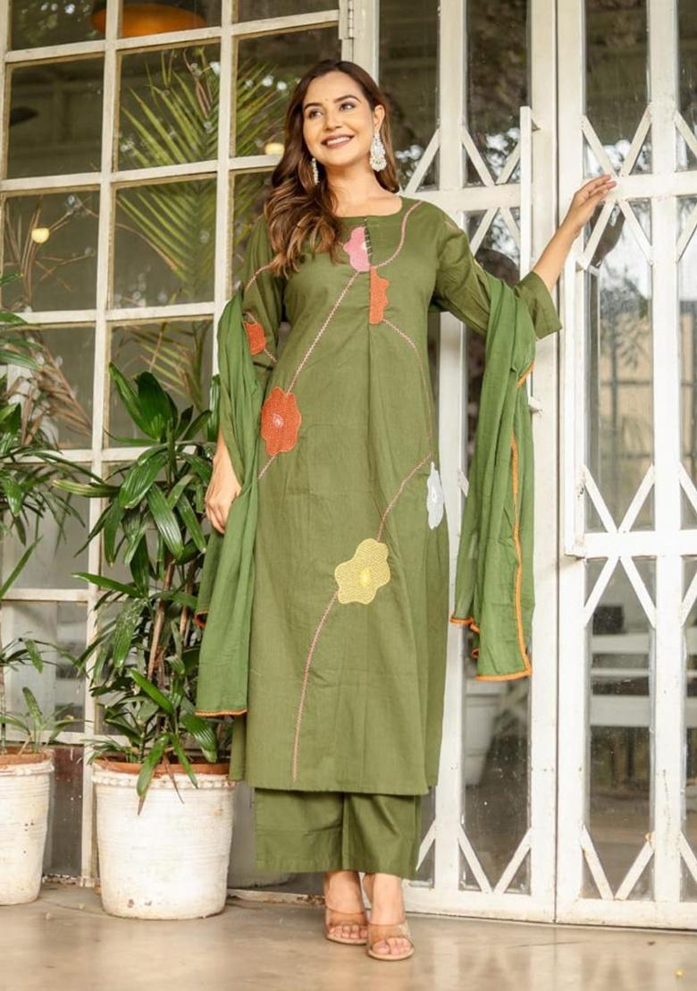 Green Embroidered Cotton Kurta Set - Indya