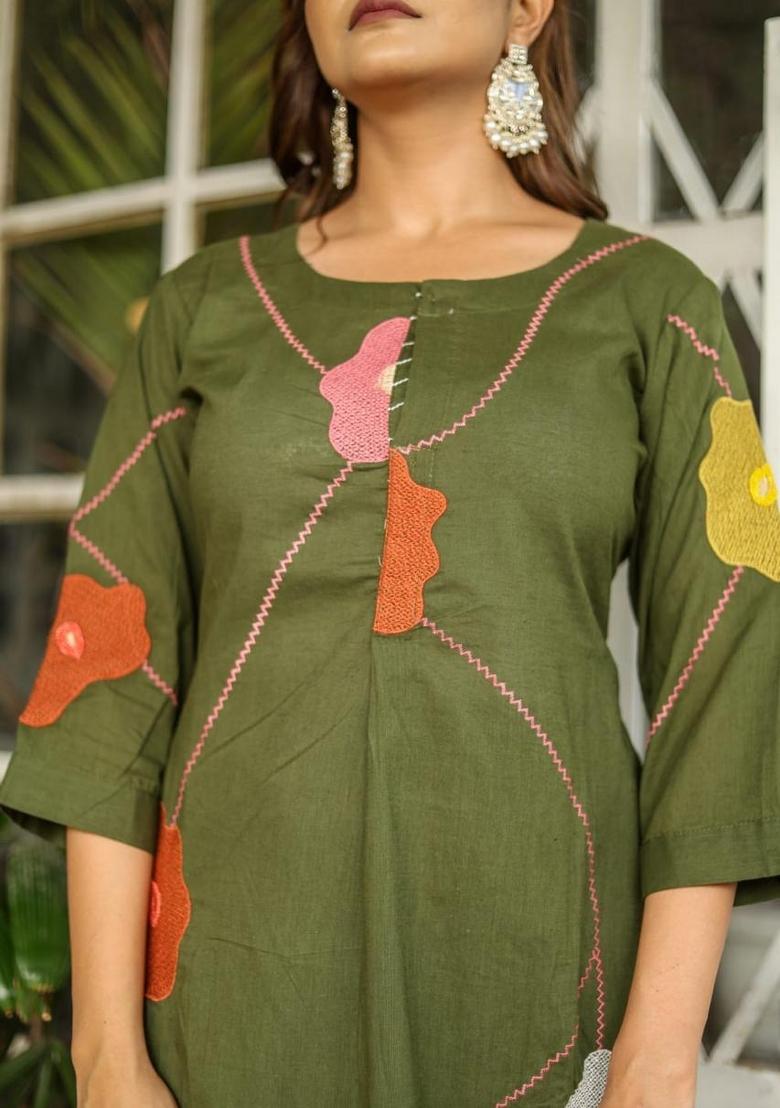 Green Embroidered Cotton Kurta Set - Indya