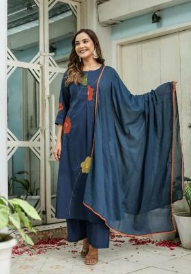 Blue Embroidered Cotton Kurta Set