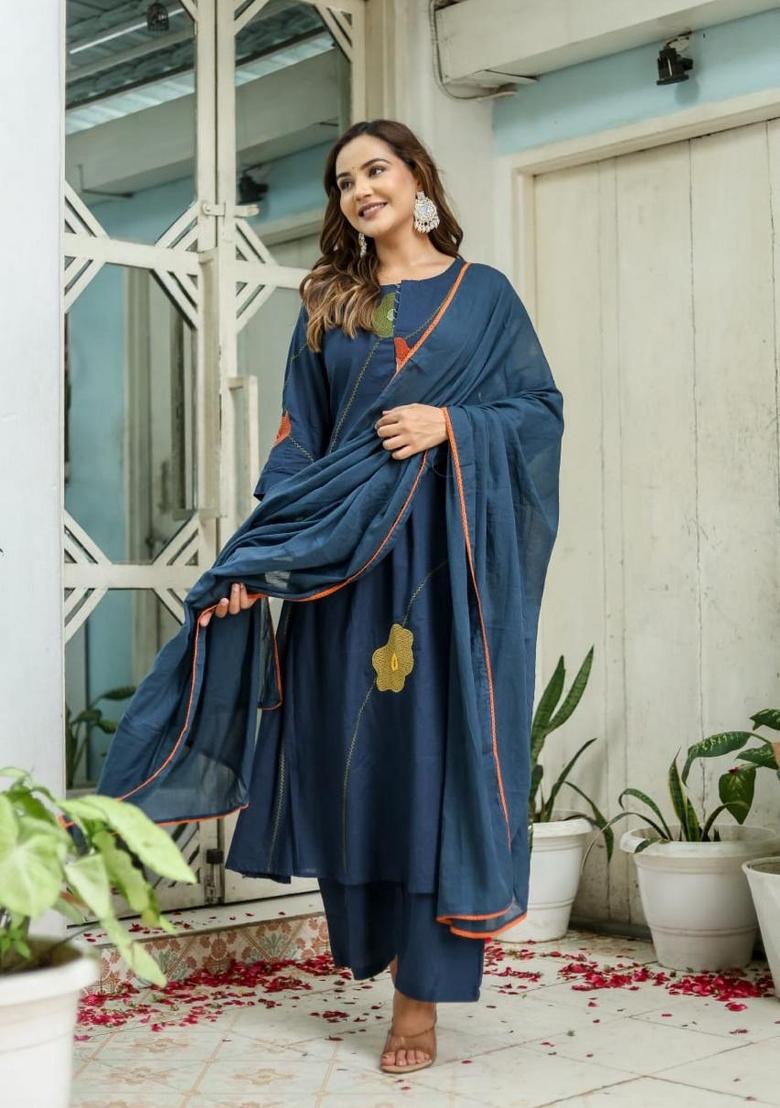 Blue Embroidered Cotton Kurta Set - Indya