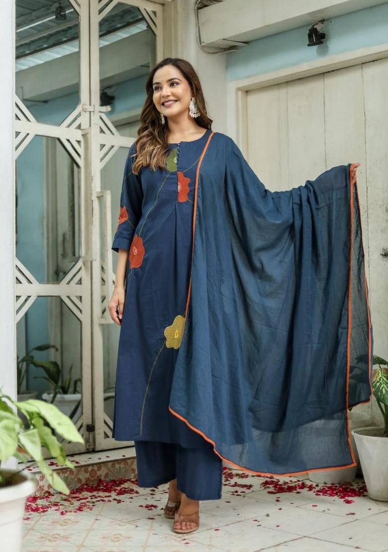 Blue Embroidered Cotton Kurta Set - Indya