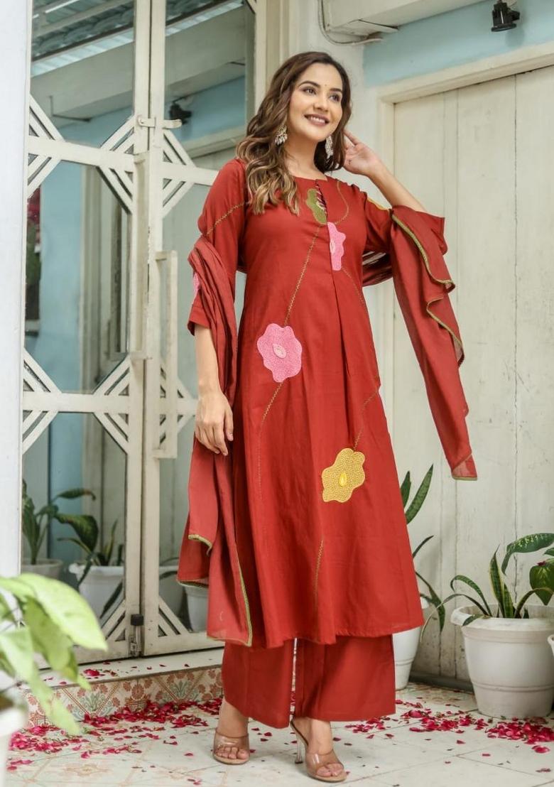 Orange Embroidered Cotton Kurta Set - Indya