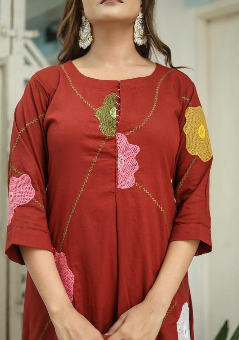 Orange Embroidered Cotton Kurta Set - Indya