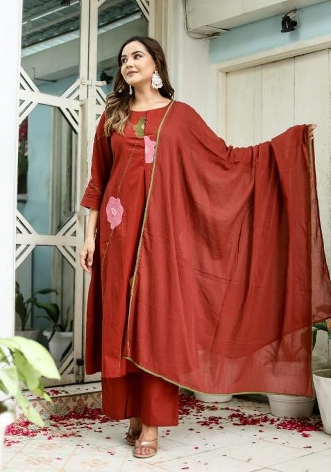 Orange Embroidered Cotton Kurta Set