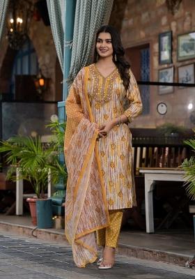 Yellow Embroidered Cotton Kurta Set