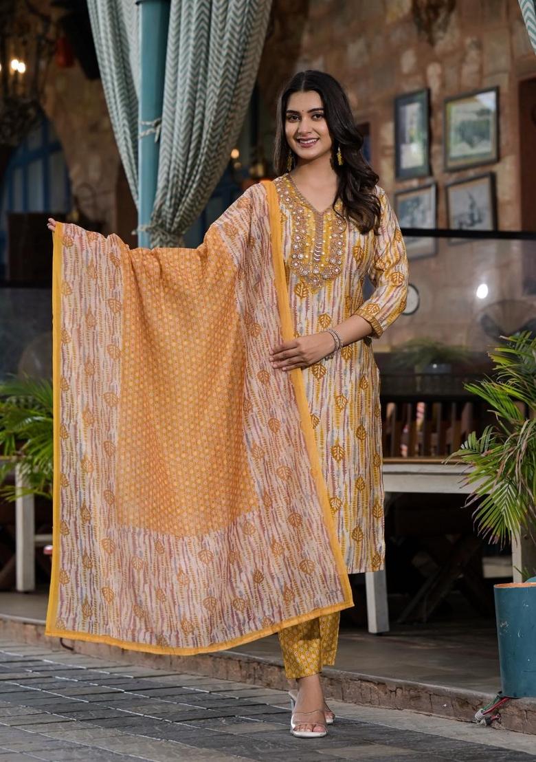 Yellow Embroidered Cotton Kurta Set - Indya