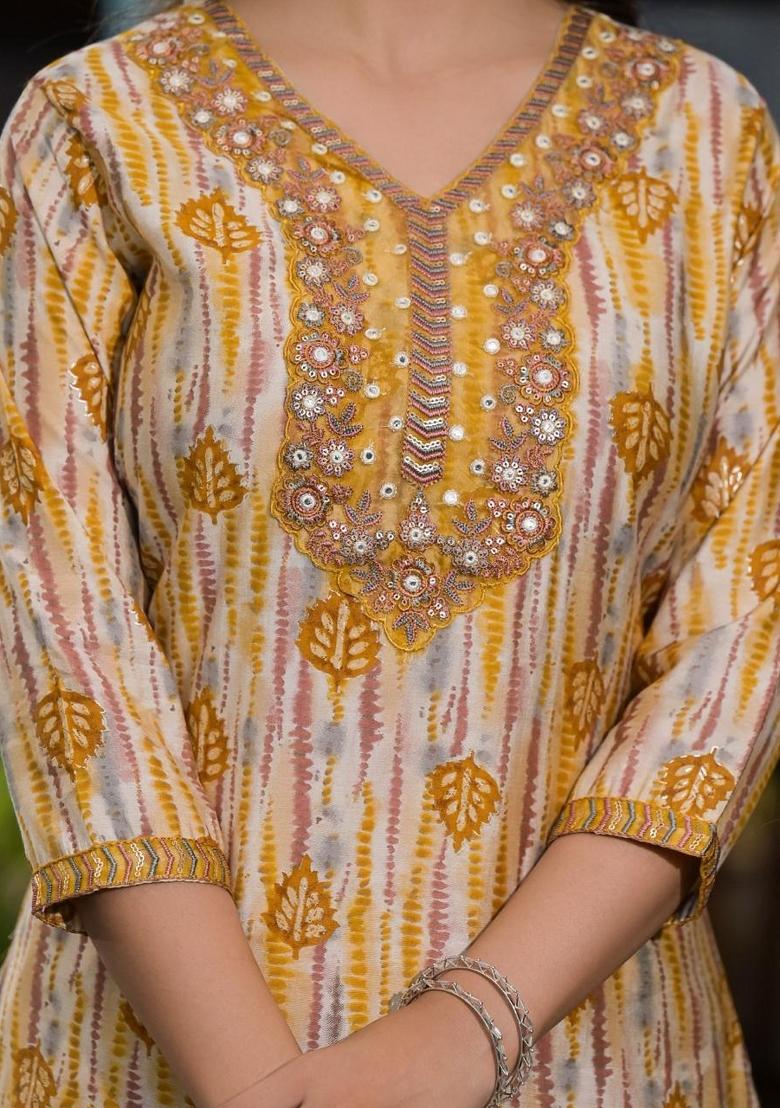 Yellow Embroidered Cotton Kurta Set - Indya