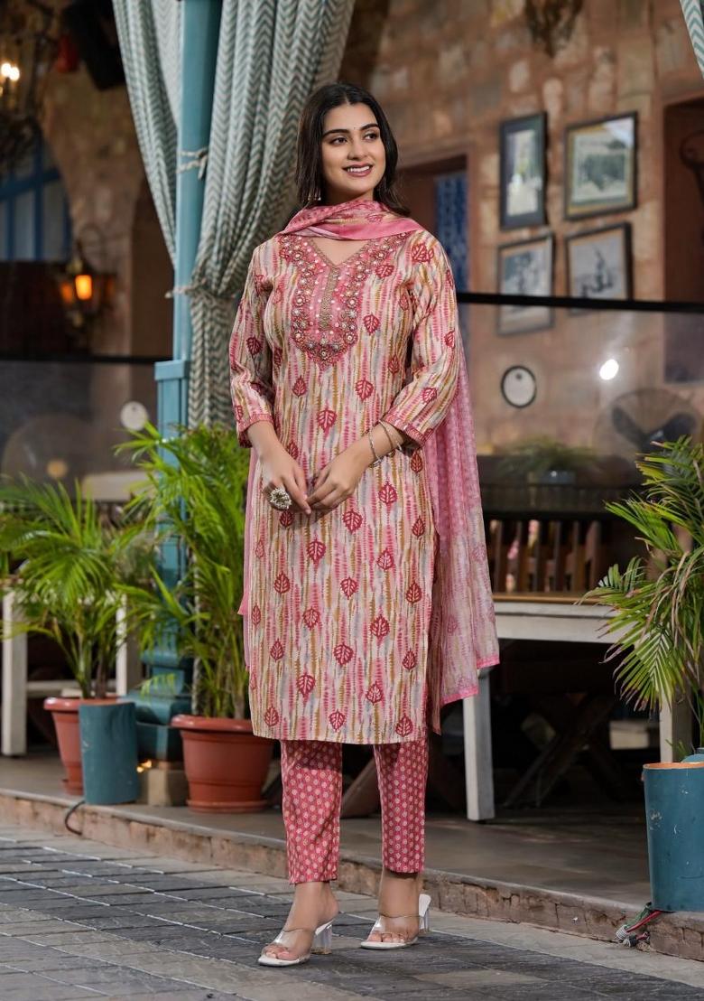 Pink Embroidered Cotton Kurta Set - Indya