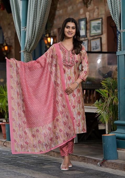 Pink Embroidered Cotton Kurta Set