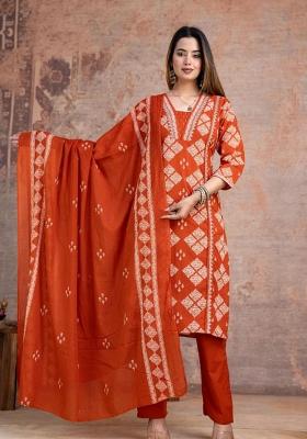 Orange Printed Cotton Kurta Set