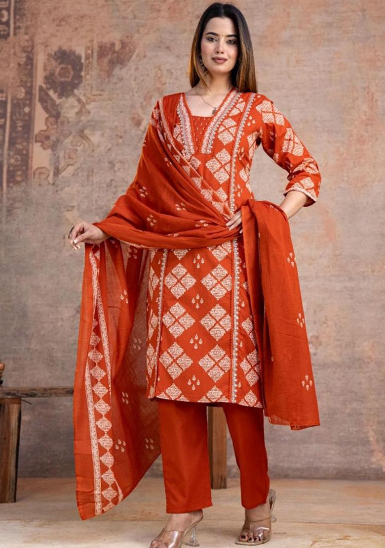 Orange Printed Cotton Kurta Set - Indya