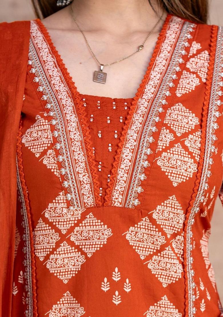 Orange Printed Cotton Kurta Set - Indya