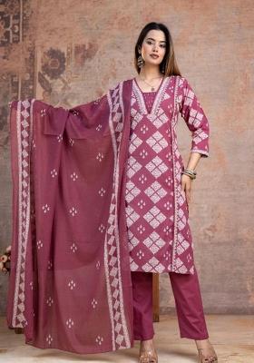 Magenta Printed Cotton Kurta Set