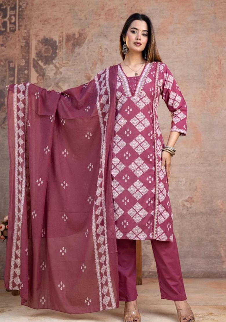Magenta Printed Cotton Kurta Set - Indya