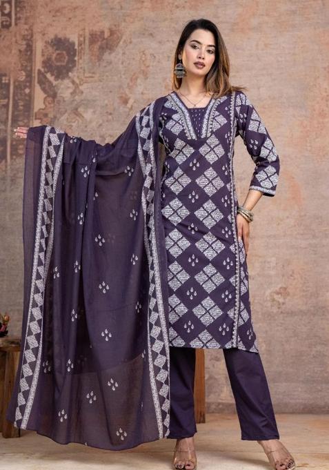 Purple Embroidered Cotton Kurta Set