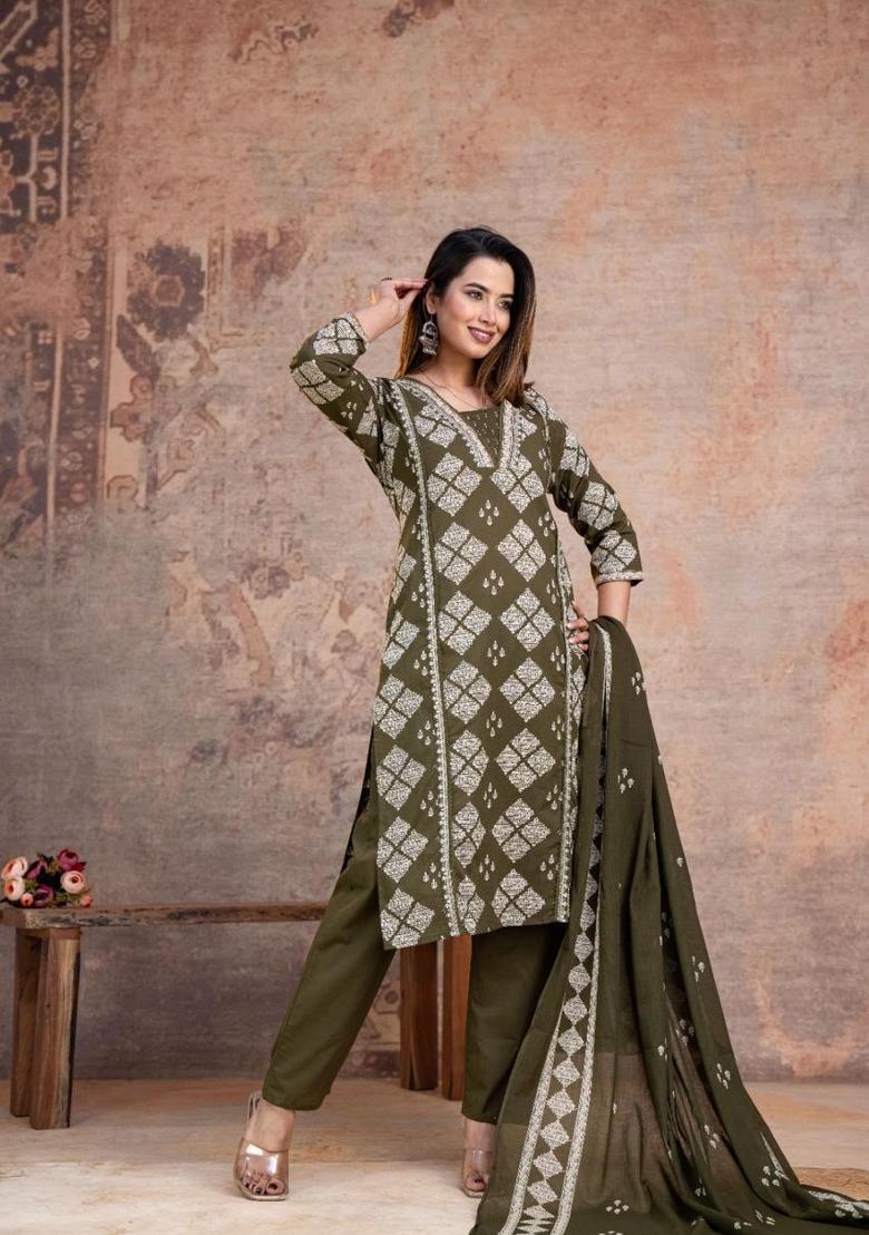 Green Printed Cotton Kurta Set - Indya
