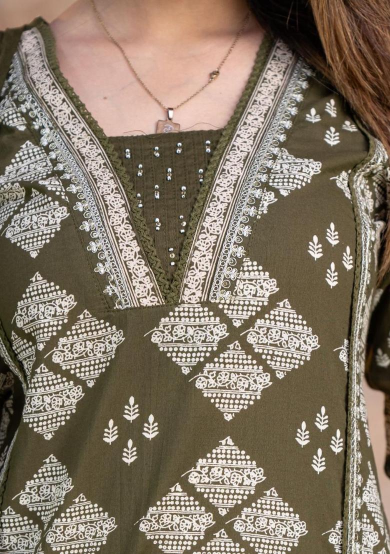 Green Printed Cotton Kurta Set - Indya