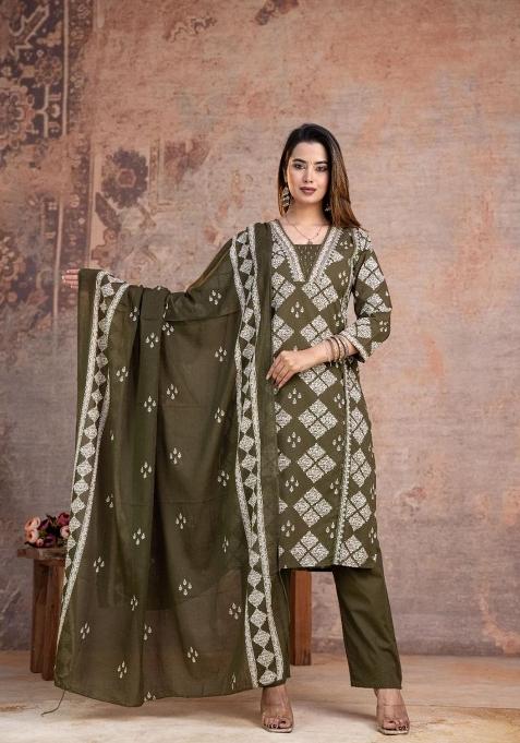 Green Printed Cotton Kurta Set