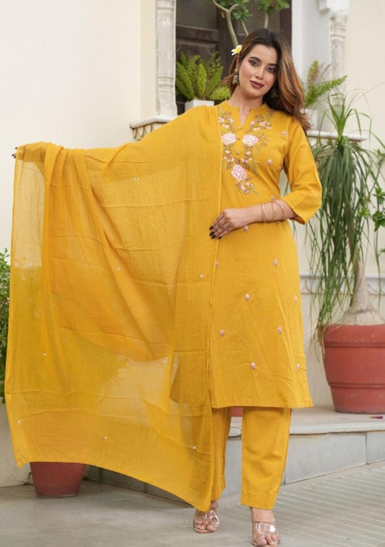 Yellow Embroidered Cotton Kurta Set - Indya