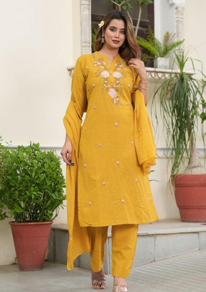 Yellow Embroidered Cotton Kurta Set - Indya