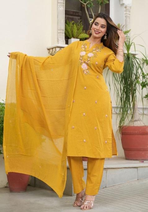 Yellow Embroidered Cotton Kurta Set