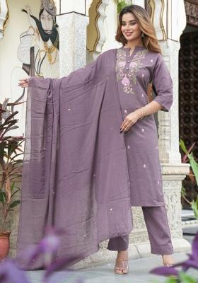 Mauve Embroidered Cotton Kurta Set