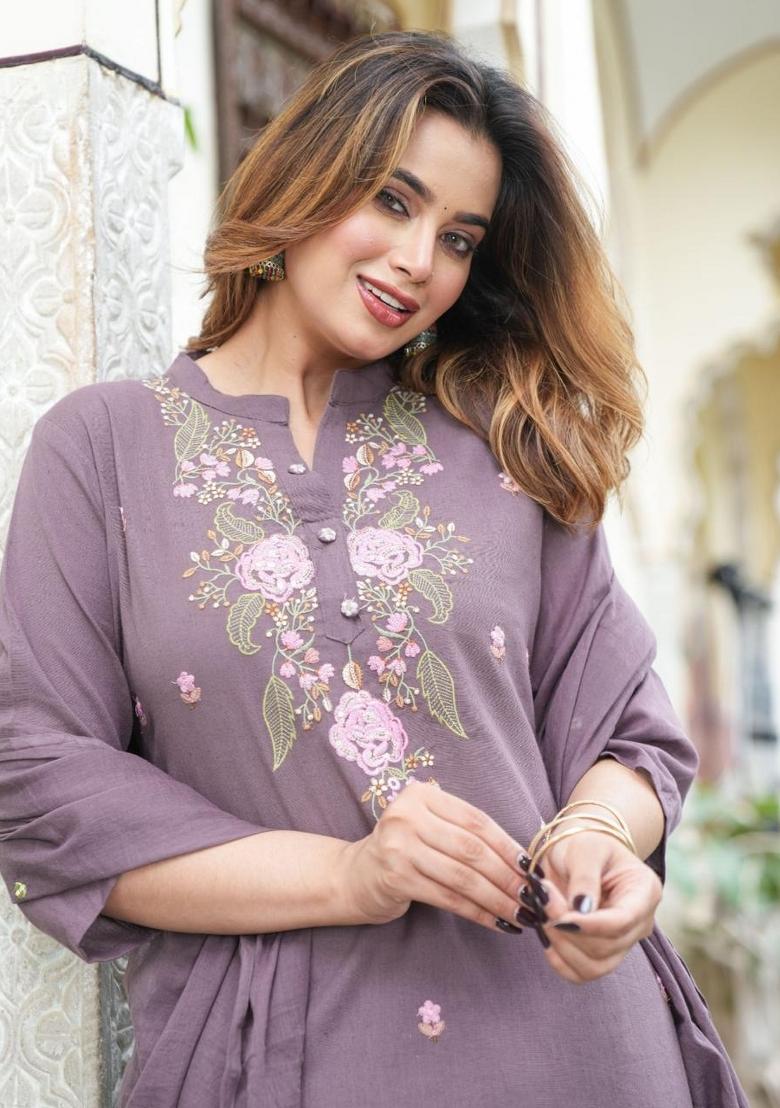 Mauve Embroidered Cotton Kurta Set - Indya