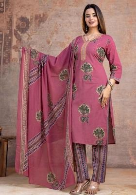 Mauve Printed Cotton Kurta Set