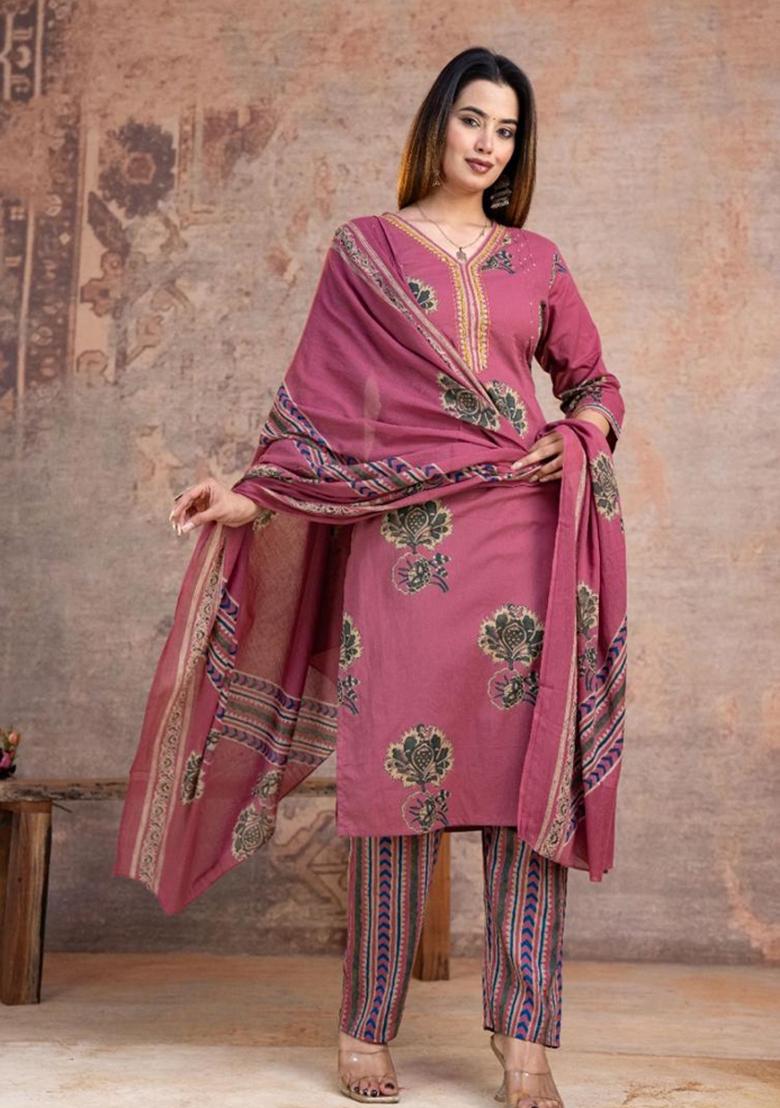 Mauve Printed Cotton Kurta Set - Indya
