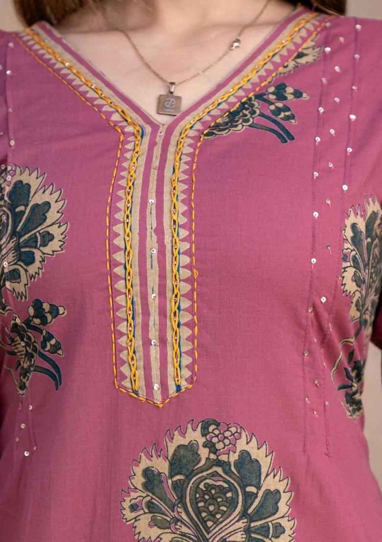 Mauve Printed Cotton Kurta Set - Indya