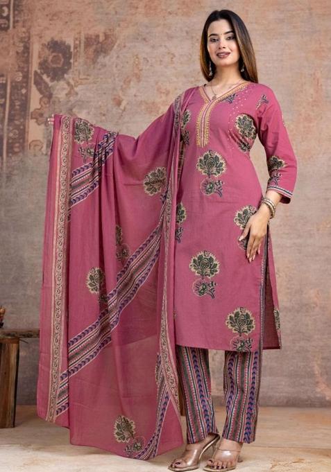 Mauve Printed Cotton Kurta Set