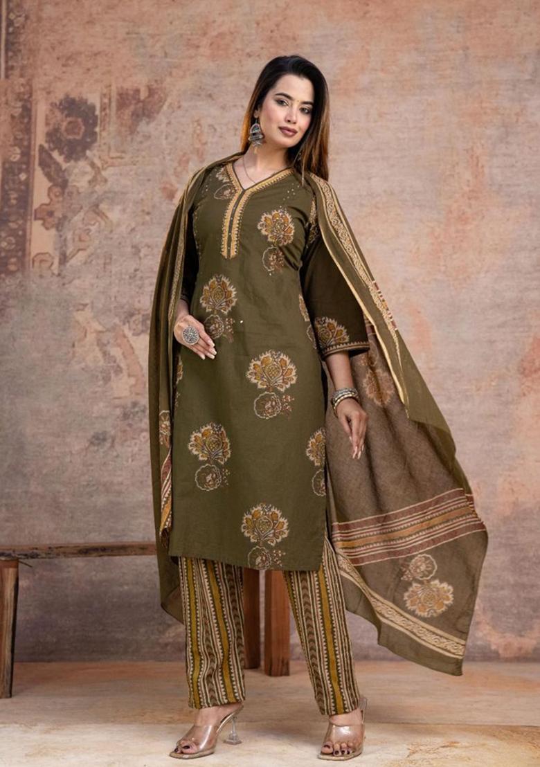 Green Printed Cotton Kurta Set - Indya