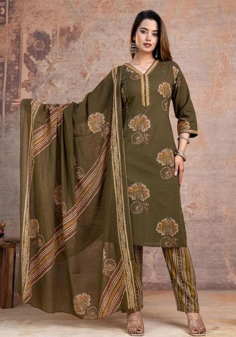 Green Printed Cotton Kurta Set