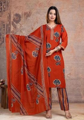 Orange Printed Cotton Kurta Set