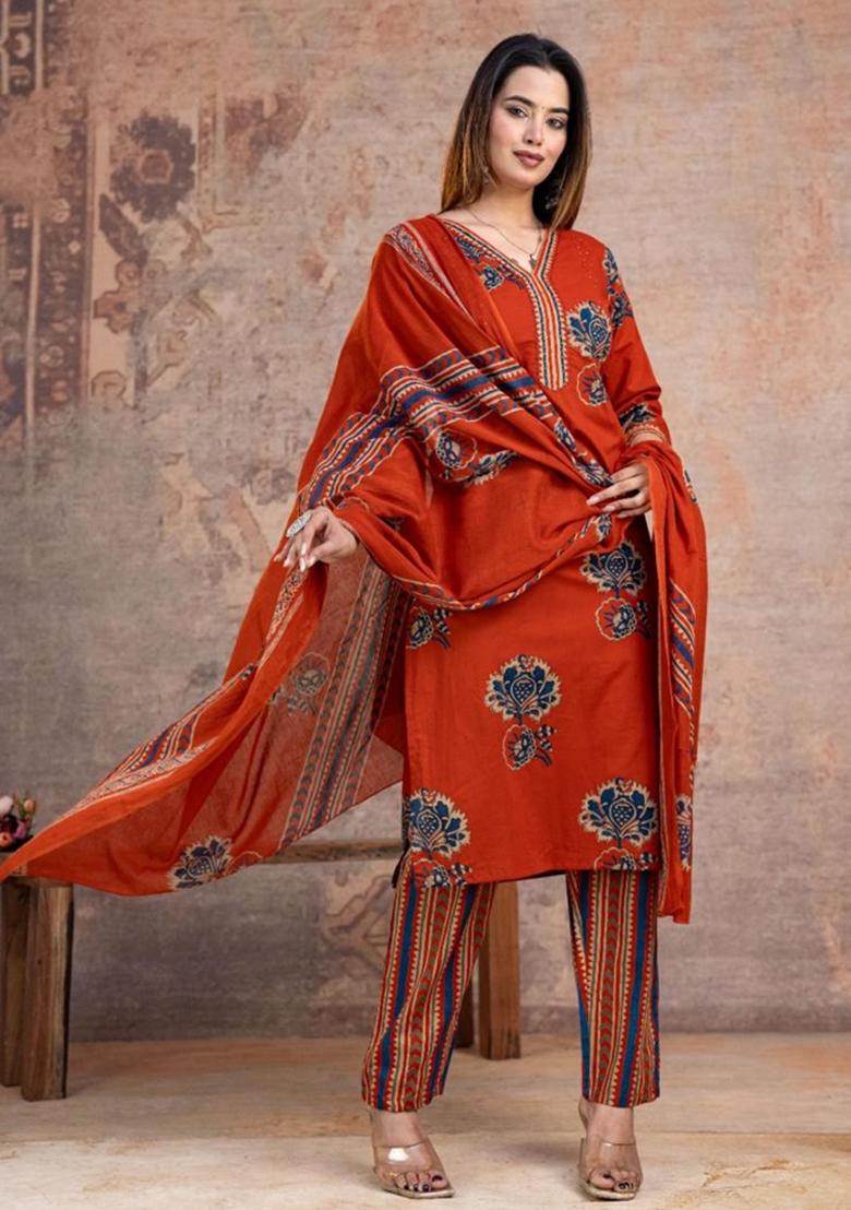 Orange Printed Cotton Kurta Set - Indya