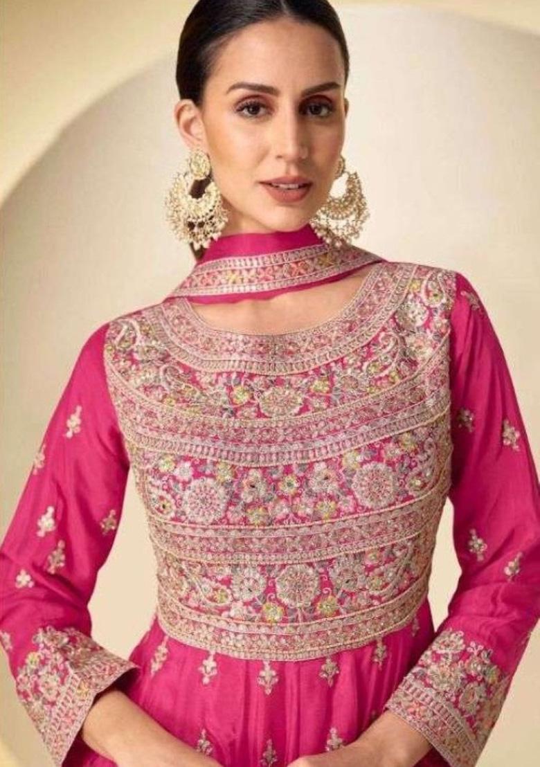 Pink Embroidery Silk Anarkali Set - Indya