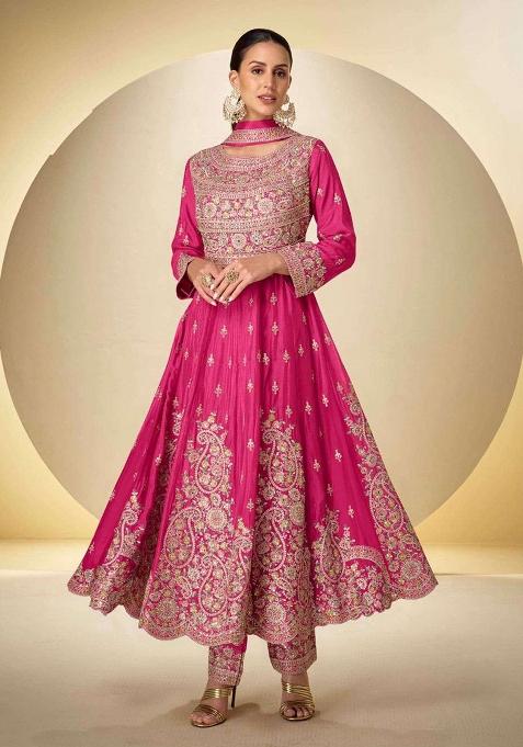 Pink Codding Dori And Sequence Work Silk Anarkali Set