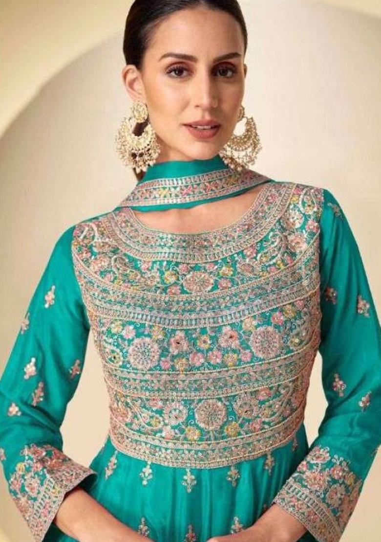 Turquoise Embroidery Silk Anarkali Set - Indya