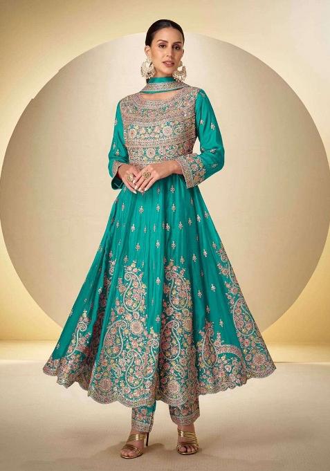 Turquoise Embroidery Silk Anarkali Set