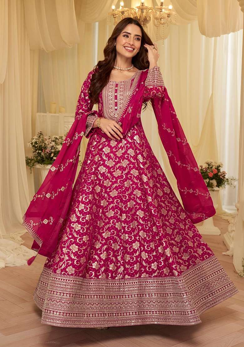 Pink Codding Dori And Sequence Work Silk Blend Anarkali With Dupatta - Indya