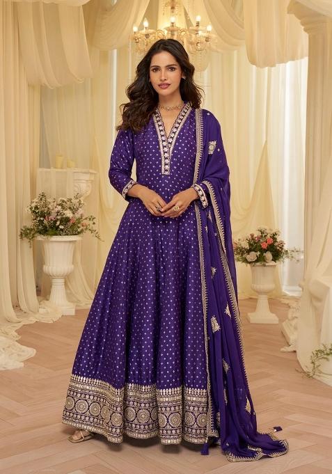 Purple Codding Dori And Sequence Work Silk Anarkali With Dupatta