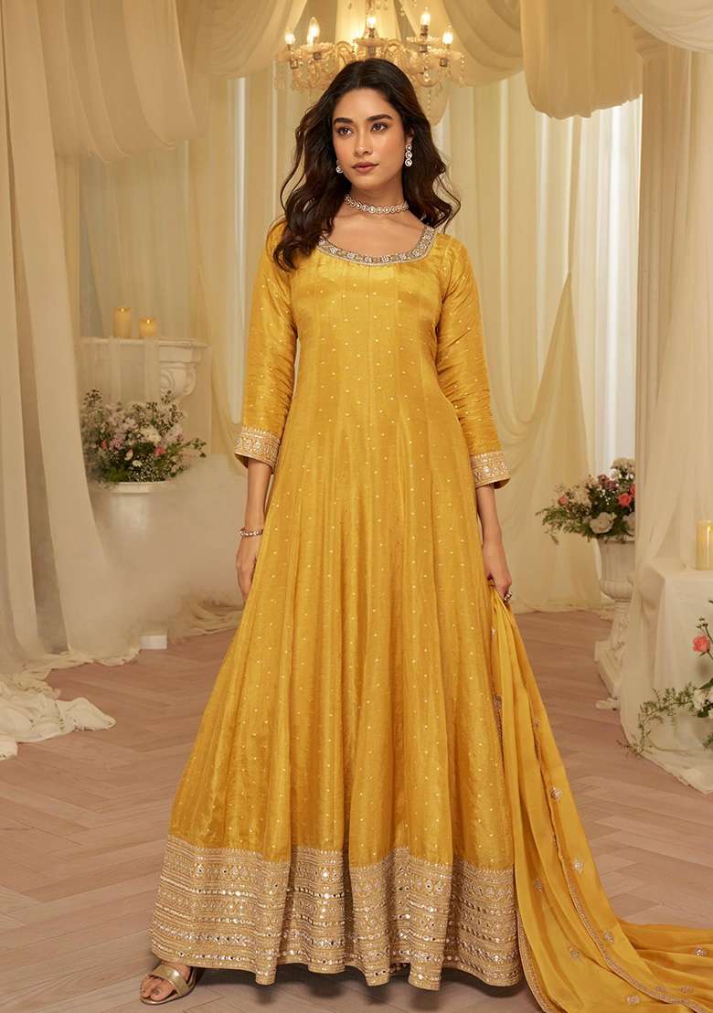 Yellow Embroidered Silk Blend Anarkali With Dupatta - Indya