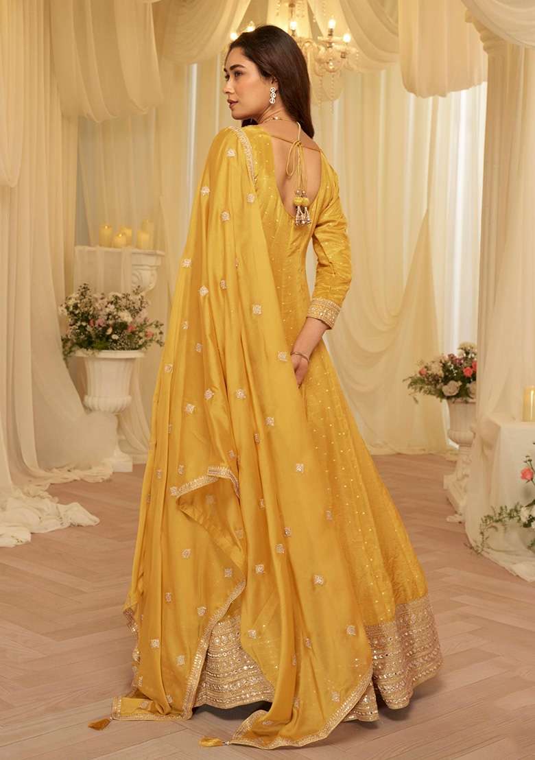 Yellow Embroidered Silk Blend Anarkali With Dupatta - Indya